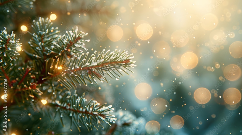 Winter evening with a snow-dusted evergreen tree adorned with warm lights and sparkling bokeh Winter evening with a snow-dusted evergreen tree adorned with warm lights and sparkling bokeh