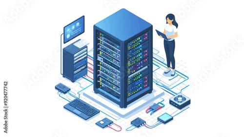 server rack with blinking lights and cables vector