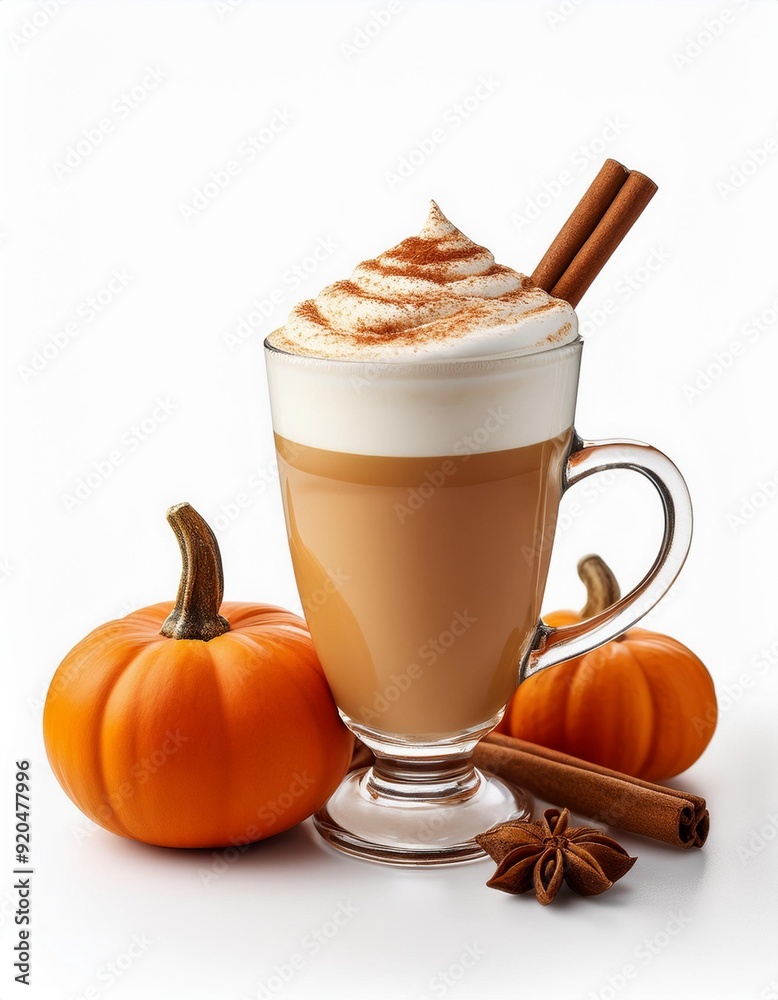 Cup of pumpkin spice latte with whipped cream, squashes and cinnamon sticks isolated on white. Ideal for coffee lovers day. Cup of pumpkin spice latte with whipped cream, squashes and cinnamon sticks isolated on white. Ideal for coffee lovers day.