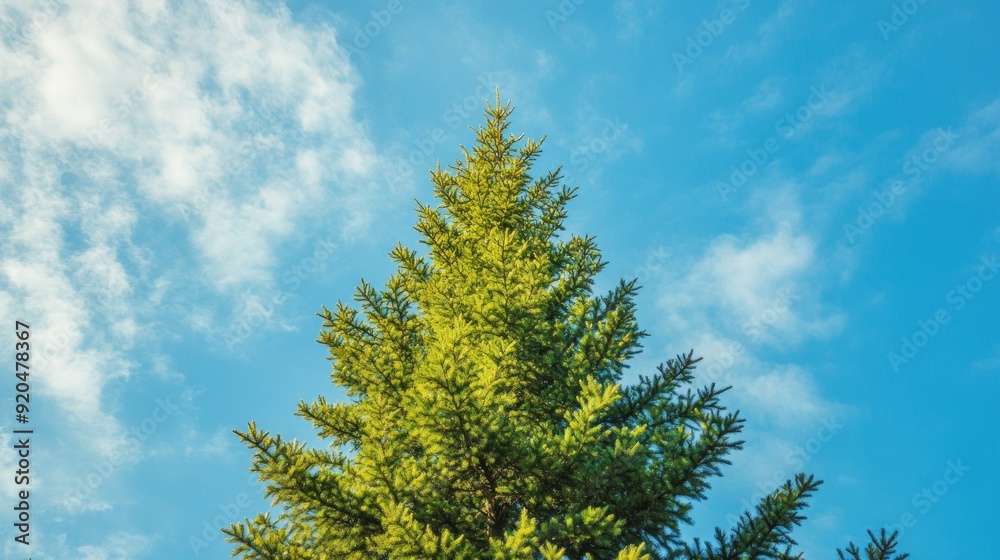 Tall Evergreen Tree Against Blue Sky with White Clouds Tall Evergreen Tree Against Blue Sky with White Clouds