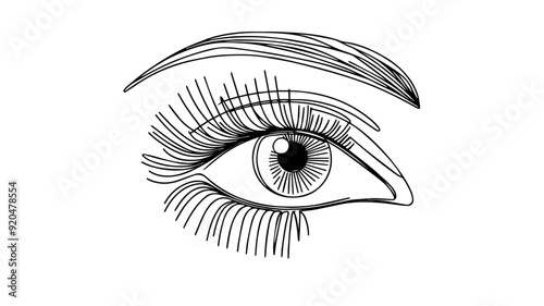 An eye with detailed eyelashes and a pupil one line illustration