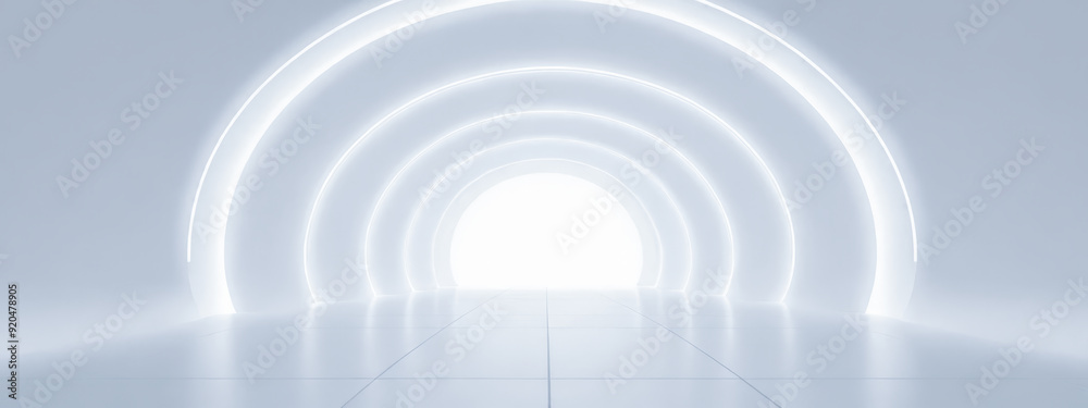 Modern minimalist interior with illuminated arches leading to bright light, futuristic design concept in white tones for serene and innovative space representation Modern minimalist interior with illuminated arches leading to bright light, futuristic design concept in white tones for serene and innovative space representation