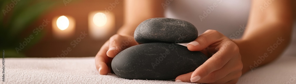 closeup of hands holding hot stones for spa treatment, relaxation and wellness, holistic therapy, smooth black stones, warm therapy. closeup of hands holding hot stones for spa treatment, relaxation and wellness, holistic therapy, smooth black stones, warm therapy.
