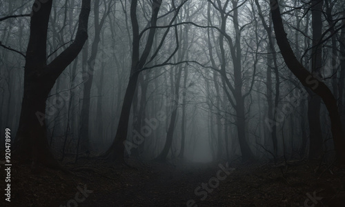 Eerie Forest Pathway, Foggy Atmosphere, Bare Trees, Dark Woods, Ominous Setting, Perfect Halloween Backdrop, Dense Forest, Spooky Ambiance