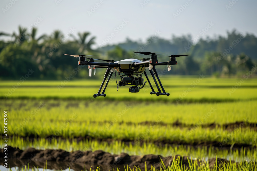 Modern advanced farming practices with drones flying over rice fields and used to monitor the condition and growth of crops before harvest. Modern advanced farming practices with drones flying over rice fields and used to monitor the condition and growth of crops before harvest.