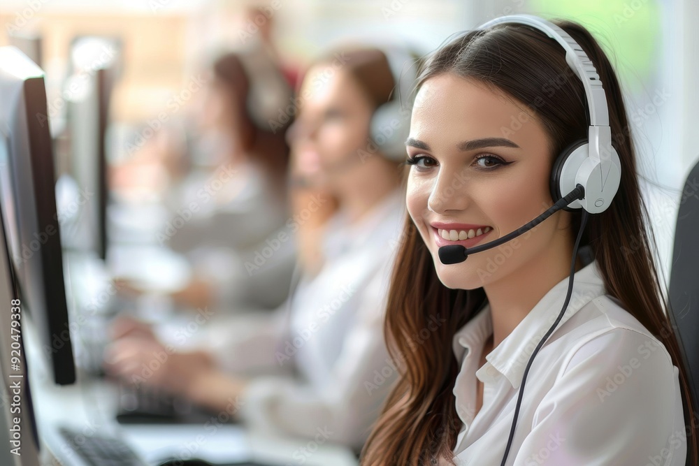 A team of call center agents actively assisting customers through phone calls in a busy call center setting, AI generated