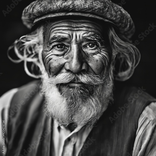 Generative AI, A detailed black-and-white portrait of an elderly man with a weathered face and a long beard, wearing a cap, evoking a sense of wisdom, life experience, and timeless character