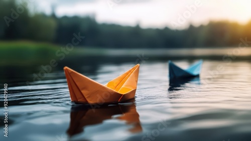 Colorful paper boats floating on a calm pond.