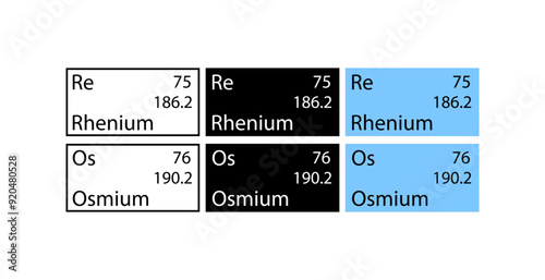 Rhenium and Osmium icons set. Chemical element icons. Linear, silhouette and flat style. Vector icons.