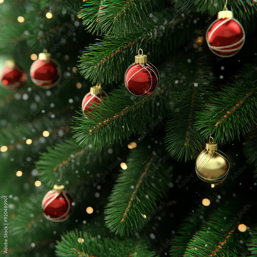 Fototapeta premium A close-up of a Christmas tree decorated with red and gold ornaments