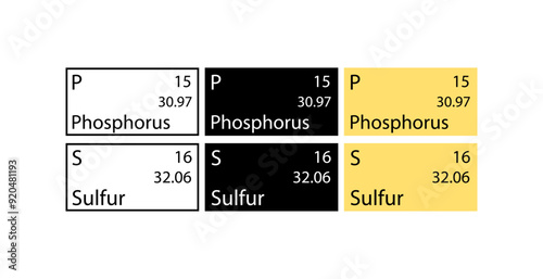 Phosphorus and Sulfur icons set. Chemical element icons. Linear, silhouette and flat style. Vector icons.