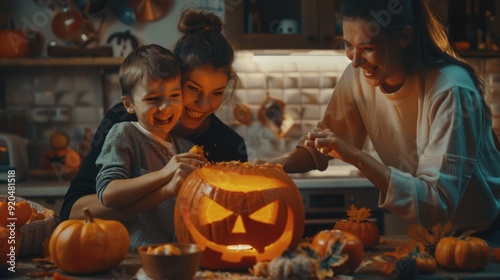 A woman and two children are carving a pumpkin in a kitchen photo