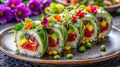 Vibrant sushi roll featuring a colorful fusion of ingredients, including spicy tuna, crab, and avocado, garnished with edible flowers and microgreens on a modern plate. photo