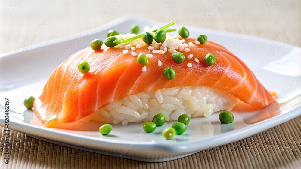 Freshly prepared delicate pink salmon nigiri sushi piece glistens on a crisp white plate, garnished with thinly sliced green onion and a delicate sesame seed. Freshly prepared delicate pink salmon nigiri sushi piece glistens on a crisp white plate, garnished with thinly sliced green onion and a delicate sesame seed.