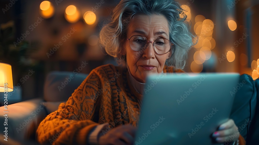 An elderly woman in a cozy setting uses a laptop, showcasing technology use among seniors and offering themes of digital literacy, online communication, or staying connected during retirement, An elderly woman in a cozy setting uses a laptop, showcasing technology use among seniors and offering themes of digital literacy, online communication, or staying connected during retirement,