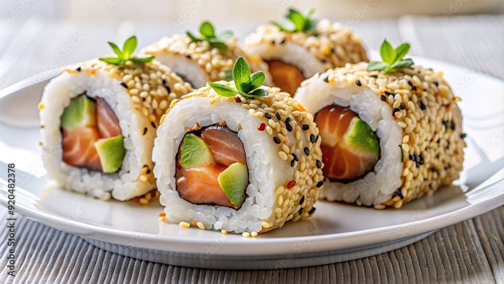 Freshly prepared sushi rolls with delicate fish slices and crispy sesame seeds arranged artfully on a clean, minimalist white ceramic plate. Freshly prepared sushi rolls with delicate fish slices and crispy sesame seeds arranged artfully on a clean, minimalist white ceramic plate.