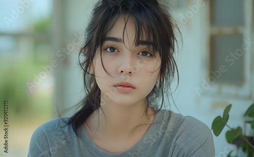 A young woman with tousled hair and a neutral expression looks directly at the camera, set against a blurred background ideal for use in emotive storytelling, lifestyle blogs