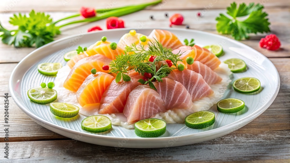 Fresh raw fish sliced into delicate pieces arranged artfully on a crisp white plate, set against a bright and airy background with subtle natural textures. Fresh raw fish sliced into delicate pieces arranged artfully on a crisp white plate, set against a bright and airy background with subtle natural textures.