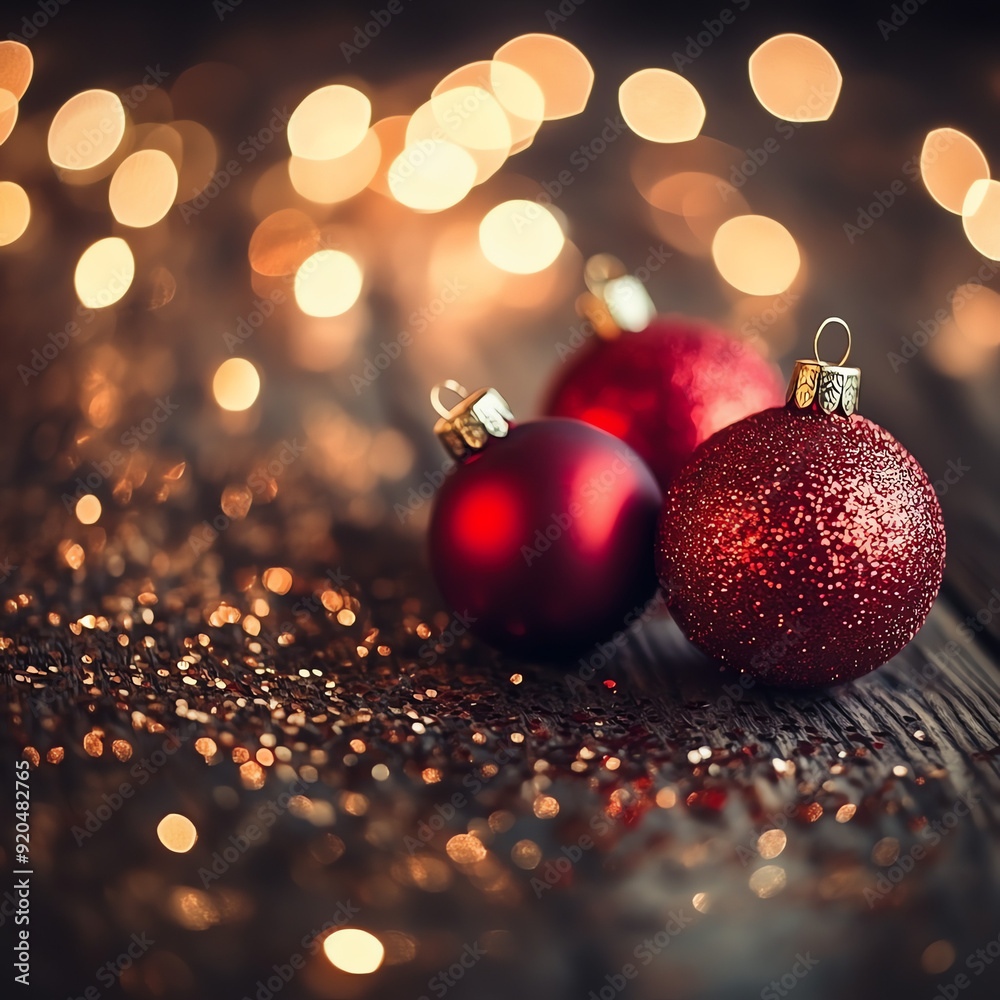 Fototapeta premium Three red Christmas ornaments with a sparkly finish