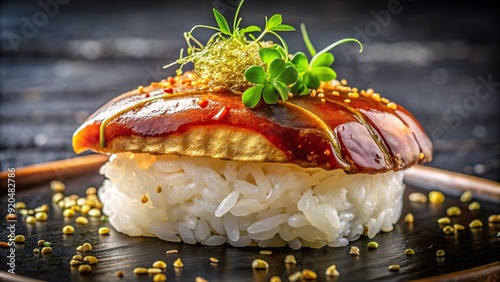 Richly decadent nigiri featuring a velvety foie gras patty atop a bed of sushi rice, garnished with delicate edible gold leaf and microgreens. photo