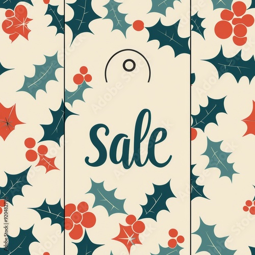 Festive holiday sale tag surrounded by traditional holly leaves and berries in a vintage design. Perfect for seasonal promotions.