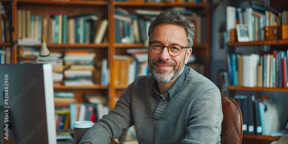 A smiling man wearing glasses, sitting at a desk with bookshelves behind him, represents a cozy workspace or home office setting, perfect for academic, professional, or remote work-themed content, A smiling man wearing glasses, sitting at a desk with bookshelves behind him, represents a cozy workspace or home office setting, perfect for academic, professional, or remote work-themed content,