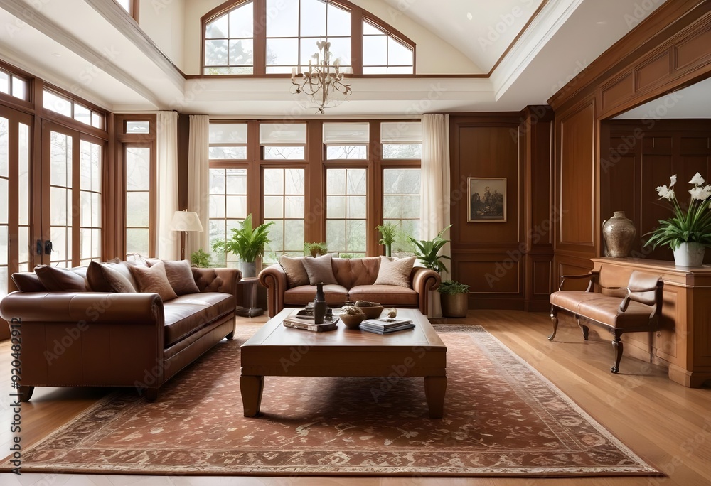 3D rendering of a luxury and modern living room featuring a high-end leather sofa and a stylish lamp. 3D rendering of a luxury and modern living room featuring a high-end leather sofa and a stylish lamp.