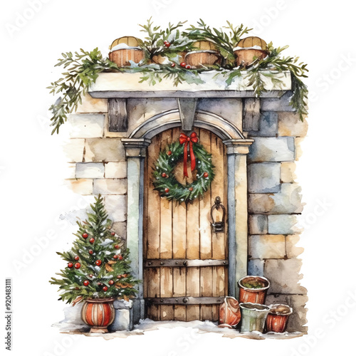 Watercolor Wooden Christmas door decorated and isolated on a transparent background, Christmas Theme, Holiday Season, transparent PNG background, Door with a Christmas wreath photo