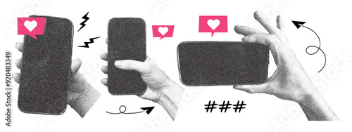 Set of hands with mobile phone and doodle elements. Retro photocopy effect. Vector elements in pop art style.