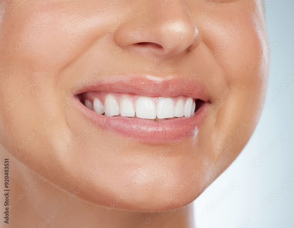 Woman, mouth and happy in studio for dental care with hygiene and teeth whitening for gum health. Female person, smile and satisfied with oral treatment or canal procedure on white background Woman, mouth and happy in studio for dental care with hygiene and teeth whitening for gum health. Female person, smile and satisfied with oral treatment or canal procedure on white background