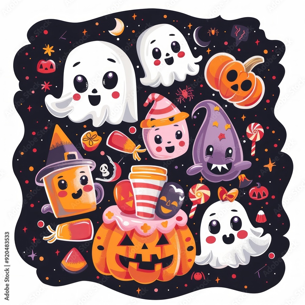Halloween funny kawaii ghosts and holiday pumpkin with horror night spooky sweets, cartoon vector. Halloween trick or treat holiday party poster with Halloween funny kawaii ghosts and holiday pumpkin with horror night spooky sweets, cartoon vector. Halloween trick or treat holiday party poster with