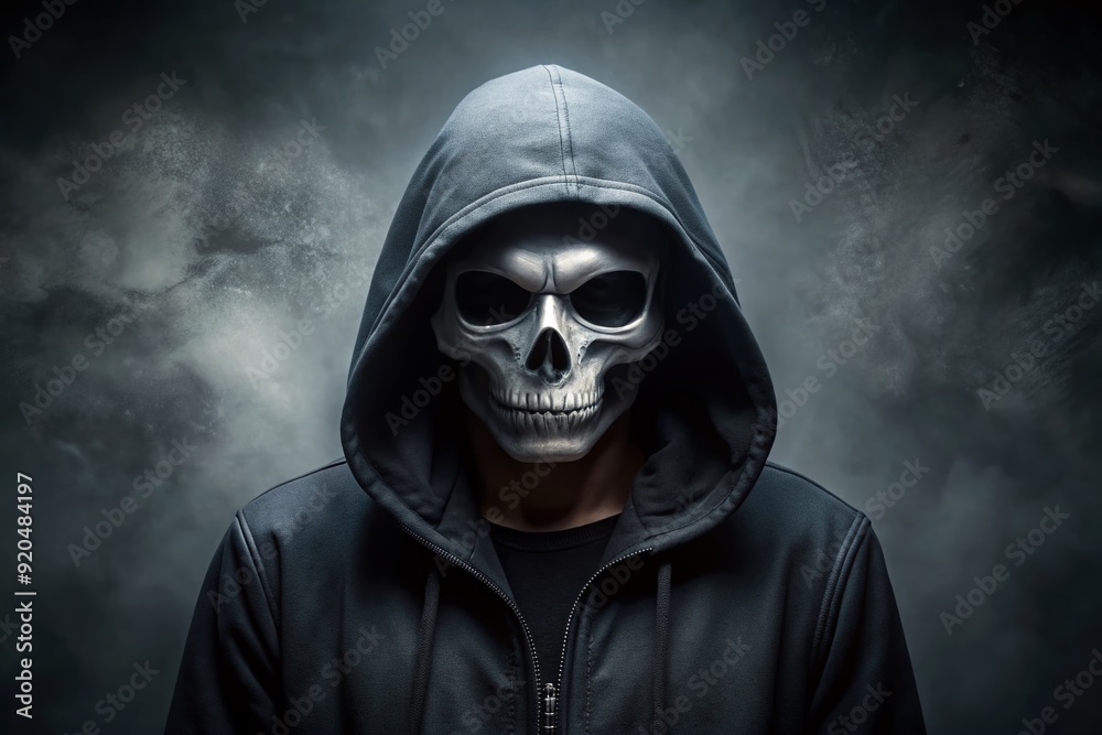 Mysterious figure conceals identity with a black hoodie and skull-faced mask, exuding an air of anonymity and eeriness in a dark, ominous atmosphere. Mysterious figure conceals identity with a black hoodie and skull-faced mask, exuding an air of anonymity and eeriness in a dark, ominous atmosphere.