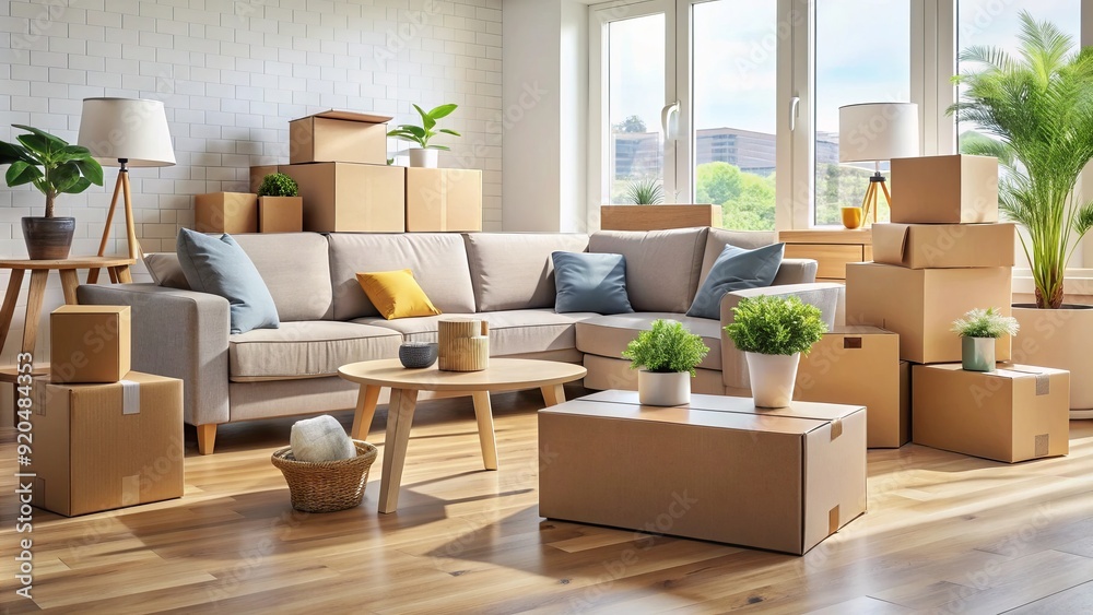 © DigitalArt Max - Freshly unpacked cardboard boxes and parcels scattered around a tidy living room, with a couch and coffee table in the background, indicating a recent delivery. © DigitalArt Max - Freshly unpacked cardboard boxes and parcels scattered around a tidy living room, with a couch and coffee table in the background, indicating a recent delivery.