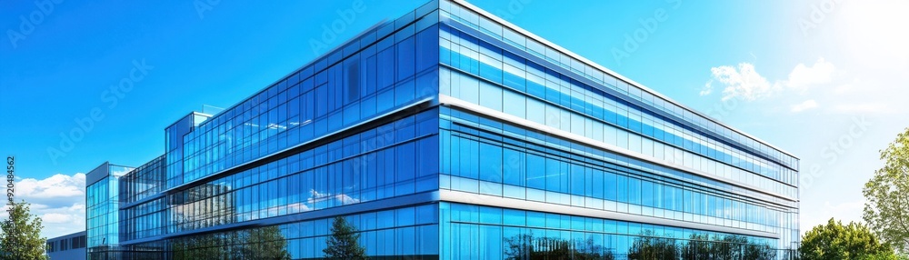 Modern office building with large glass windows reflecting the blue sky, surrounded by greenery, showcasing contemporary architecture. Modern office building with large glass windows reflecting the blue sky, surrounded by greenery, showcasing contemporary architecture.