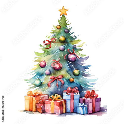 Watercolor Christmas tree with gifts isolated on a transparent background, Holiday Season, Christmas gift boxes, Christmas gifts, Surprises, Transparent PNG background photo