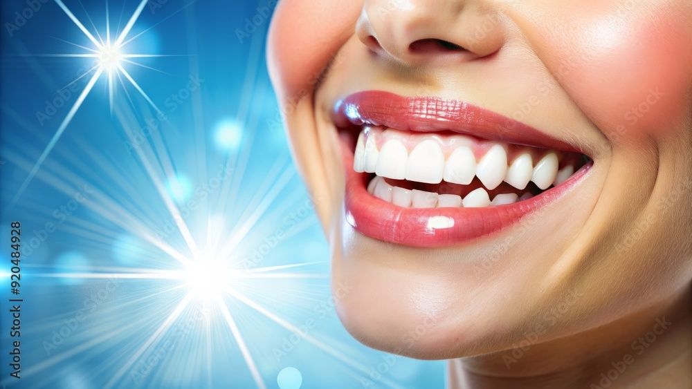 Fototapeta premium Gleaming smile with pearly whites, shiny teeth, and healthy gums against a bright blue background, showcasing effective dental whitening results.
