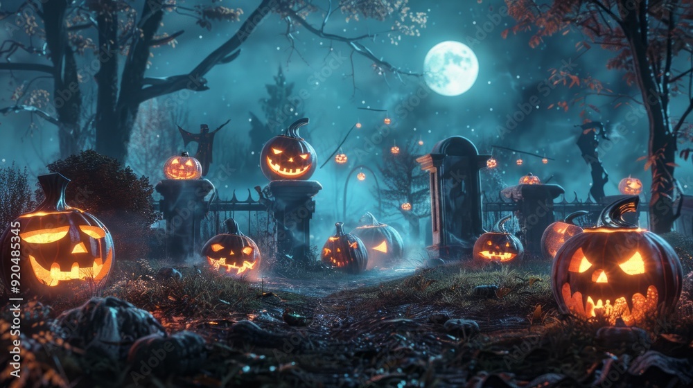 Naklejka premium A graveyard with a full moon in the background