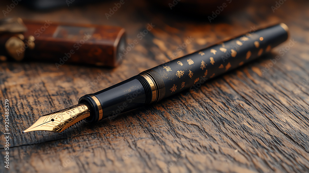 A fountain pen with a gold nib on a wooden surface. A fountain pen with a gold nib on a wooden surface.