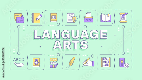 Language arts light green word concept. School subject. Writing and reading skills. Literature. Typography banner. Vector illustration with title text, editable icons color. Hubot Sans font used