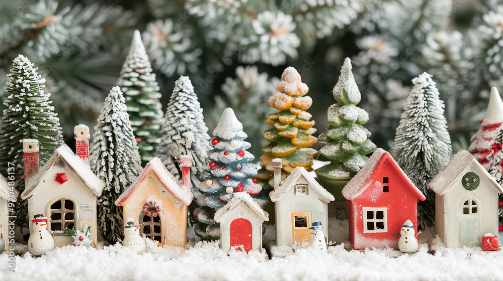Snowy Christmas village scene with miniature houses and trees. ..