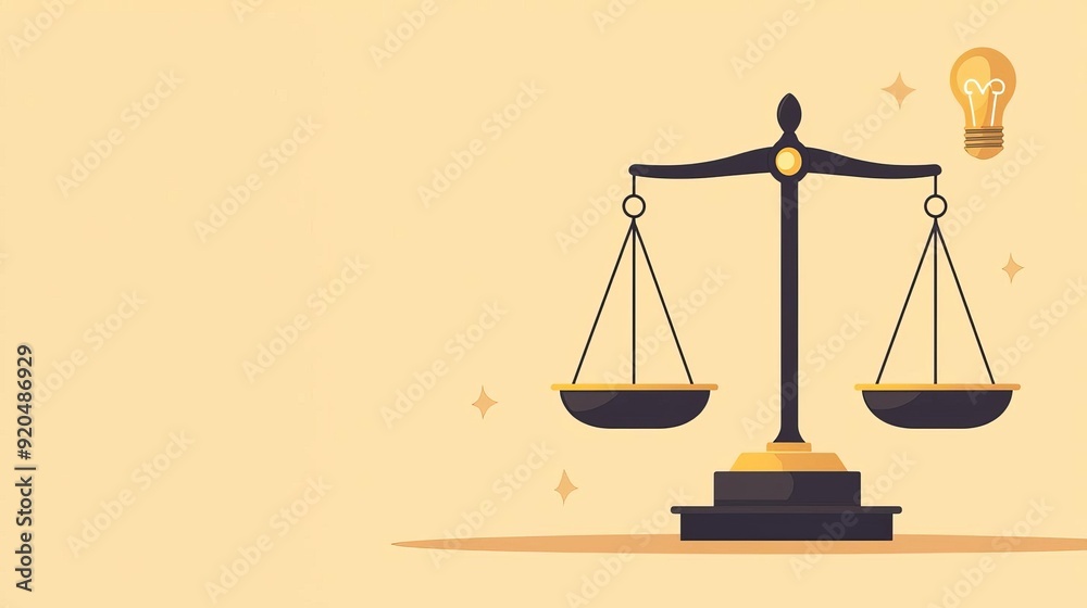Balanced scales with a light bulb, wisdom and justice, flat design illustration Balanced scales with a light bulb, wisdom and justice, flat design illustration