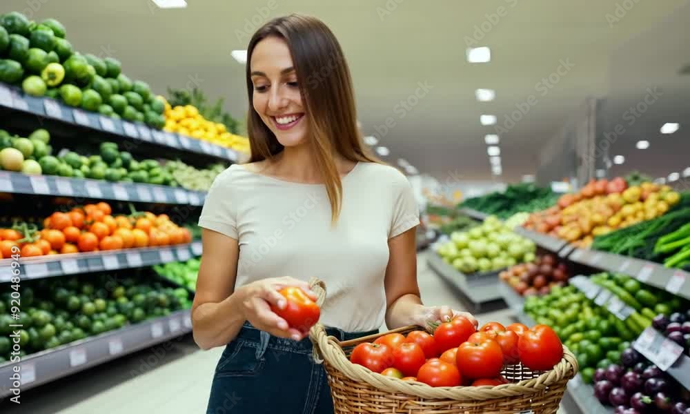 A Woman in a White Crop Top and Blue High-Waisted Jeans Browsing a Vibrant Produce Section with a Wicker Basket in Hand A Woman in a White Crop Top and Blue High-Waisted Jeans Browsing a Vibrant Produce Section with a Wicker Basket in Hand