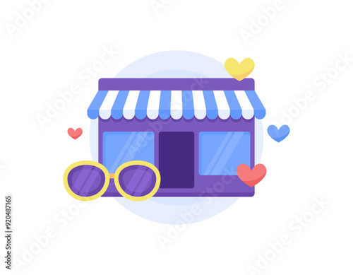 eyeglasses shop concept. quality optical shop. illustration of shop building with glasses and heart symbol. market, store, and e-commerce. flat style design. graphic elements