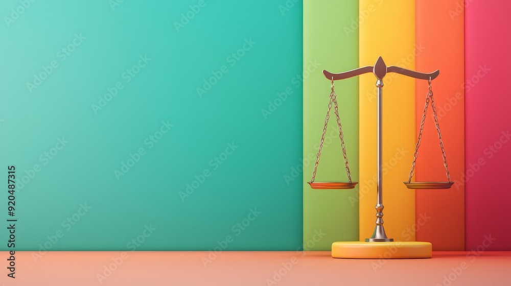 Justice scales with a rainbow, representing equality and diversity, 3D illustration Justice scales with a rainbow, representing equality and diversity, 3D illustration