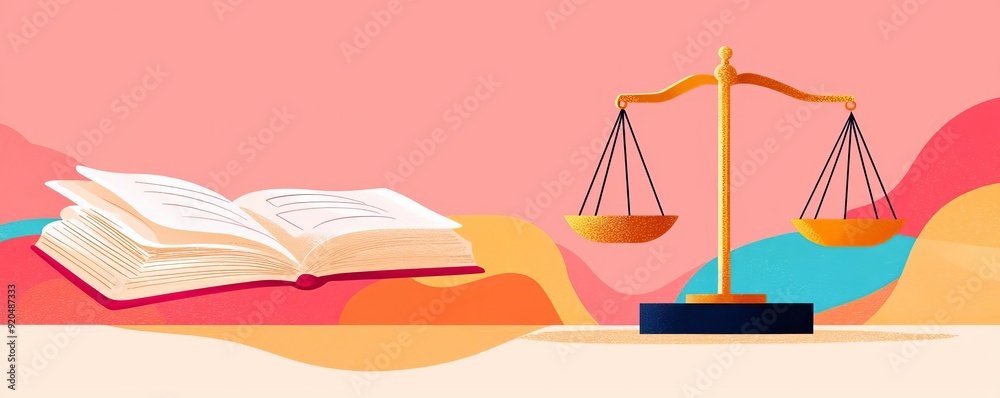 Justice scales with an open book, law and equality, flat design illustration Justice scales with an open book, law and equality, flat design illustration