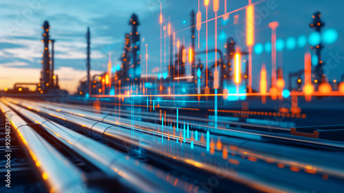 An oil refinery plant with a digital overlay of fluctuating oil prices and market trends, symbolizing the direct connection between production and market valuation.