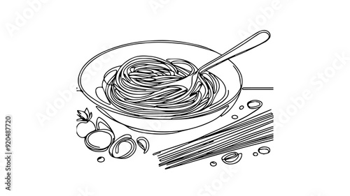 Line art drawing of a spaghetti meal 