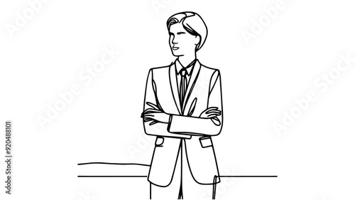 standing full body of a woman in suit and tie with crossed arms one line drawing