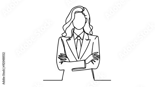 portrait of a woman in suit and tie with crossed arms line art illustration