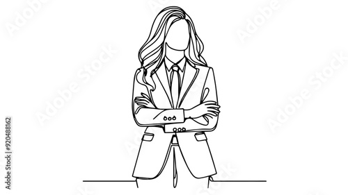 standing full body of a woman in suit and tie with crossed arms single line vector